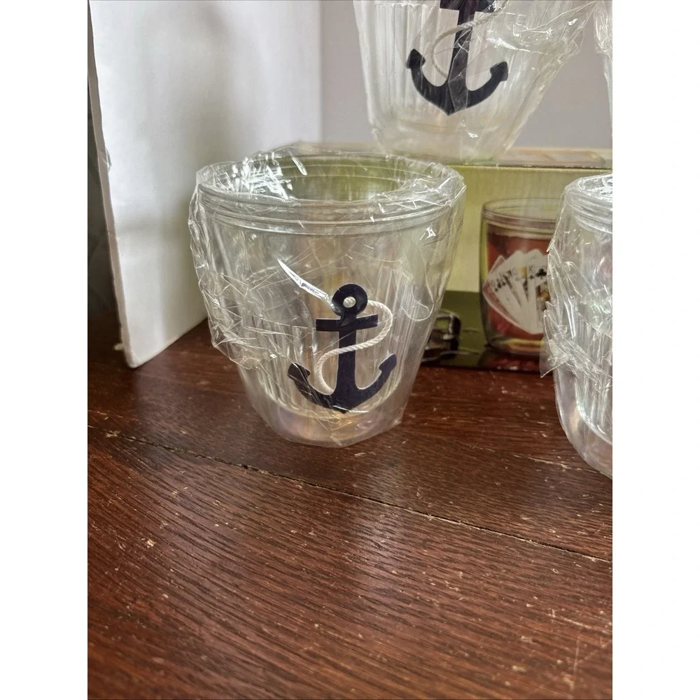 Vtg Set 4 Insulated Bar Tumblers‎ Anchor/Ring Buoy Glasses Hong Kong- NEW!